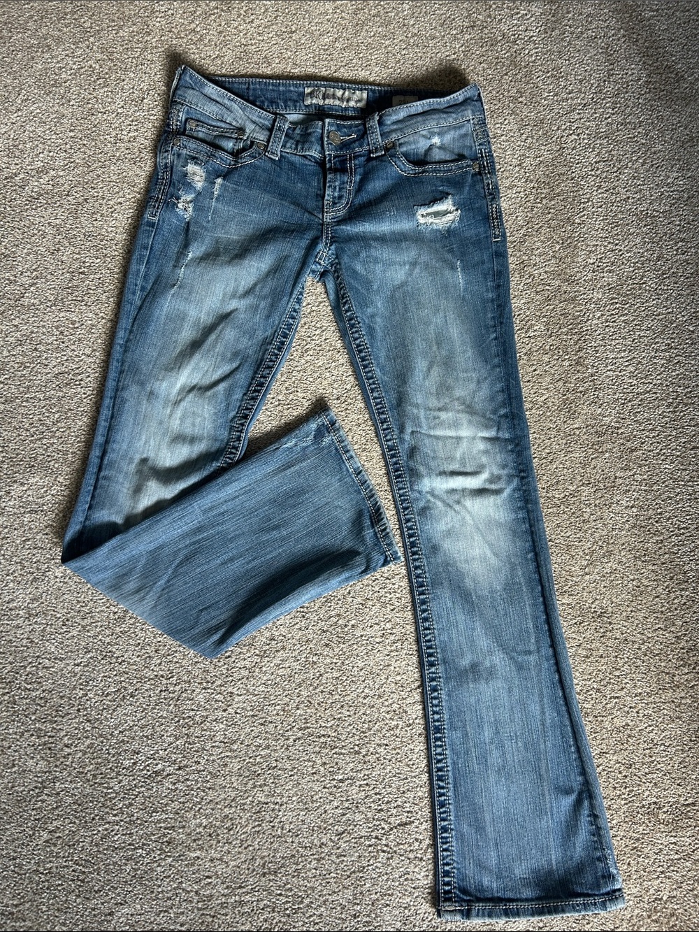 BKE Women's Light Blue Distressed Flare Jeans